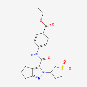 molecular formula C20H23N3O5S B2810583 Ethyl 4-(2-(1,1-dioxidotetrahydrothiophen-3-yl)-2,4,5,6-tetrahydrocyclopenta[c]pyrazole-3-carboxamido)benzoate CAS No. 1105221-50-8
