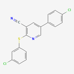 molecular formula C18H10Cl2N2S B2810588 5-(4-Chlorophenyl)-2-[(3-chlorophenyl)sulfanyl]nicotinonitrile CAS No. 338955-11-6