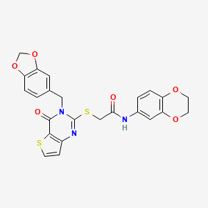 molecular formula C24H19N3O6S2 B2810692 2-((3-(benzo[d][1,3]dioxol-5-ylmethyl)-4-oxo-3,4-dihydrothieno[3,2-d]pyrimidin-2-yl)thio)-N-(2,3-dihydrobenzo[b][1,4]dioxin-6-yl)acetamide CAS No. 894244-35-0