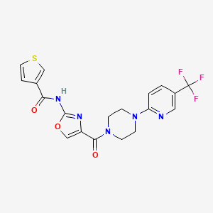 molecular formula C19H16F3N5O3S B2810746 N-(4-(4-(5-(三氟甲基)吡啶-2-基)哌嗪-1-甲酰基)噁唑-2-基)噻吩-3-甲酰胺 CAS No. 1396677-03-4