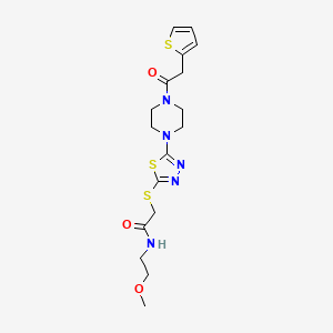 molecular formula C17H23N5O3S3 B2810835 N-(2-methoxyethyl)-2-((5-(4-(2-(thiophen-2-yl)acetyl)piperazin-1-yl)-1,3,4-thiadiazol-2-yl)thio)acetamide CAS No. 1105201-28-2