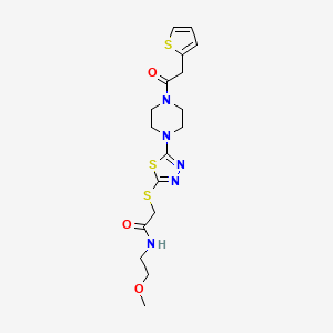 molecular formula C17H23N5O3S3 B2810835 N-(2-甲氧基乙基)-2-((5-(4-(2-(噻吩-2-基)乙酰)哌嗪-1-基)-1,3,4-噻二唑-2-基)硫)乙酰胺 CAS No. 1105201-28-2