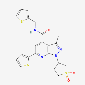 molecular formula C21H20N4O3S3 B2810848 1-(1,1-dioxidotetrahydrothiophen-3-yl)-3-methyl-6-(thiophen-2-yl)-N-(thiophen-2-ylmethyl)-1H-pyrazolo[3,4-b]pyridine-4-carboxamide CAS No. 1021215-41-7