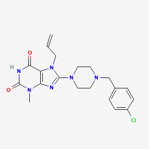 molecular formula C20H23ClN6O2 B2810855 8-[4-[(4-Chlorophenyl)methyl]piperazin-1-yl]-3-methyl-7-prop-2-enylpurine-2,6-dione CAS No. 878430-32-1