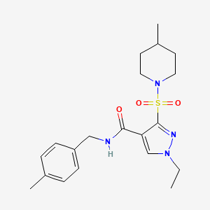 molecular formula C20H28N4O3S B2810873 1-乙基-N-(4-甲基苄基)-3-((4-甲基哌啶-1-基)磺酰基)-1H-吡唑-4-甲酰胺 CAS No. 1251592-86-5