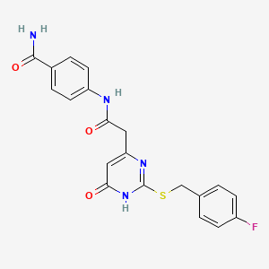 molecular formula C20H17FN4O3S B2810885 4-(2-(2-((4-Fluorobenzyl)thio)-6-oxo-1,6-dihydropyrimidin-4-yl)acetamido)benzamide CAS No. 1040646-20-5