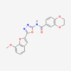 molecular formula C20H15N3O6 B2810907 N-(5-(7-methoxybenzofuran-2-yl)-1,3,4-oxadiazol-2-yl)-2,3-dihydrobenzo[b][1,4]dioxine-6-carboxamide CAS No. 922122-60-9