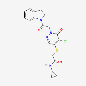 molecular formula C19H19ClN4O3S B2810910 2-((5-chloro-1-(2-(indolin-1-yl)-2-oxoethyl)-6-oxo-1,6-dihydropyridazin-4-yl)thio)-N-cyclopropylacetamide CAS No. 1251600-01-7