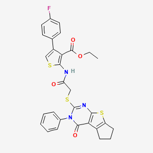 ethyl 4-(4-fluorophenyl)-2-(2-((4-oxo-3-phenyl-4,5,6,7-tetrahydro-3H-cyclopenta[4,5]thieno[2,3-d]pyrimidin-2-yl)thio)acetamido)thiophene-3-carboxylate