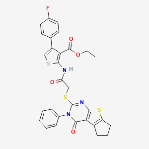 molecular formula C30H24FN3O4S3 B2810918 乙酸-4-(4-氟苯基)-2-(2-((4-氧代-3-苯基-4,5,6,7-四氢-3H-环戊[4,5]噻吩[2,3-d]嘧啶-2-基)硫基)乙酰氨基)噻吩-3-羧酸乙酯 CAS No. 690644-53-2