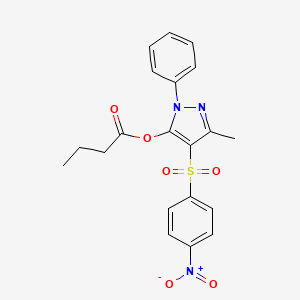 molecular formula C20H19N3O6S B2810920 3-methyl-4-((4-nitrophenyl)sulfonyl)-1-phenyl-1H-pyrazol-5-yl butyrate CAS No. 851093-66-8