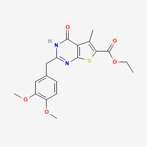 molecular formula C19H20N2O5S B2810943 Ethyl 2-(3,4-dimethoxybenzyl)-5-methyl-4-oxo-3,4-dihydrothieno[2,3-d]pyrimidine-6-carboxylate CAS No. 743439-33-0