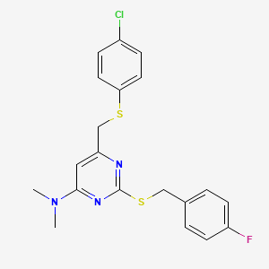 molecular formula C20H19ClFN3S2 B2810953 N-{6-{[(4-chlorophenyl)sulfanyl]methyl}-2-[(4-fluorobenzyl)sulfanyl]-4-pyrimidinyl}-N,N-dimethylamine CAS No. 341965-50-2