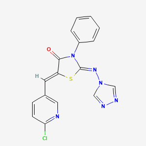 molecular formula C17H11ClN6OS B2810959 5-[(6-chloropyridin-3-yl)methylidene]-3-phenyl-2-[(4H-1,2,4-triazol-4-yl)imino]-1,3-thiazolidin-4-one CAS No. 478078-00-1