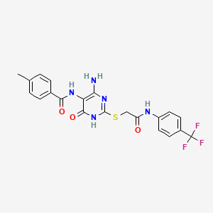 molecular formula C21H18F3N5O3S B2810998 N-(4-amino-6-oxo-2-((2-oxo-2-((4-(trifluoromethyl)phenyl)amino)ethyl)thio)-1,6-dihydropyrimidin-5-yl)-4-methylbenzamide CAS No. 888424-30-4