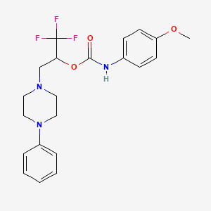 molecular formula C21H24F3N3O3 B2811113 2,2,2-trifluoro-1-[(4-phenylpiperazino)methyl]ethyl N-(4-methoxyphenyl)carbamate CAS No. 477858-54-1