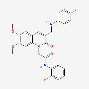 2-(6,7-dimethoxy-2-oxo-3-((p-tolylamino)methyl)quinolin-1(2H)-yl)-N-(2-fluorophenyl)acetamide