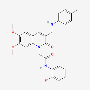 molecular formula C27H26FN3O4 B2811122 2-(6,7-二甲氧基-2-氧代-3-((对甲苯氨基)甲基)喹啉-1(2H)-基)-N-(2-氟苯基)乙酰胺 CAS No. 894553-26-5