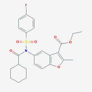 molecular formula C25H26FNO6S B281117 Ethyl 5-{(cyclohexylcarbonyl)[(4-fluorophenyl)sulfonyl]amino}-2-methyl-1-benzofuran-3-carboxylate 