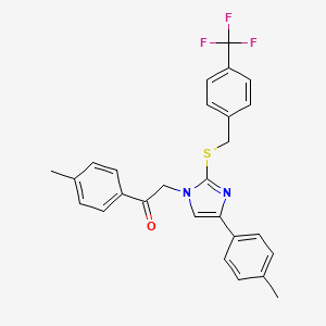 molecular formula C27H23F3N2OS B2811189 1-(4-methylphenyl)-2-(4-(4-methylphenyl)-2-{[4-(trifluoromethyl)benzyl]sulfanyl}-1H-imidazol-1-yl)-1-ethanone CAS No. 685107-60-2
