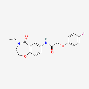 molecular formula C19H19FN2O4 B2811223 N-(4-ethyl-5-oxo-2,3,4,5-tetrahydrobenzo[f][1,4]oxazepin-7-yl)-2-(4-fluorophenoxy)acetamide CAS No. 922001-77-2