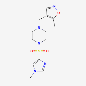 molecular formula C13H19N5O3S B2811242 5-methyl-4-((4-((1-methyl-1H-imidazol-4-yl)sulfonyl)piperazin-1-yl)methyl)isoxazole CAS No. 2034336-54-2