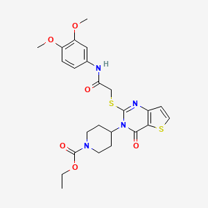 molecular formula C24H28N4O6S2 B2811277 ethyl 4-(2-((2-((3,4-dimethoxyphenyl)amino)-2-oxoethyl)thio)-4-oxothieno[3,2-d]pyrimidin-3(4H)-yl)piperidine-1-carboxylate CAS No. 1798456-04-8