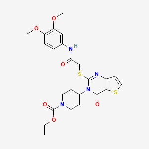 molecular formula C24H28N4O6S2 B2811277 乙酸4-(2-((2-((3,4-二甲氧基苯基)氨基)-2-氧乙基)硫)-4-氧噻吩[3,2-d]嘧啶-3(4H)-基)哌啶-1-甲酸乙酯 CAS No. 1798456-04-8