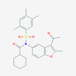 molecular formula C27H31NO5S B281129 N-(3-acetyl-2-methyl-1-benzofuran-5-yl)-N-(cyclohexylcarbonyl)-2,4,5-trimethylbenzenesulfonamide 