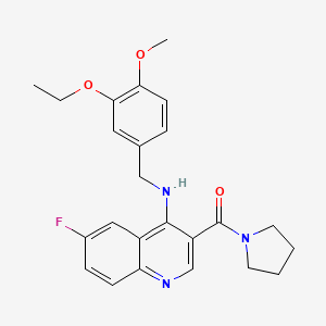 molecular formula C24H26FN3O3 B2811303 (4-((3-Ethoxy-4-methoxybenzyl)amino)-6-fluoroquinolin-3-yl)(pyrrolidin-1-yl)methanone CAS No. 1326838-86-1