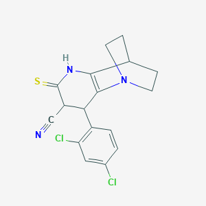 molecular formula C17H15Cl2N3S B2811312 3-(2,4-Dichlorophenyl)-5-sulfanylidene-1,6-diazatricyclo[6.2.2.0^{2,7}]dodec-2(7)-ene-4-carbonitrile CAS No. 866134-78-3