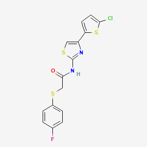 molecular formula C15H10ClFN2OS3 B2811350 N-(4-(5-chlorothiophen-2-yl)thiazol-2-yl)-2-((4-fluorophenyl)thio)acetamide CAS No. 896342-93-1
