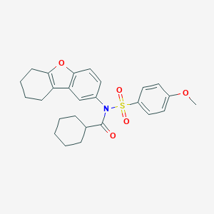 molecular formula C26H29NO5S B281136 N-(cyclohexylcarbonyl)-4-methoxy-N-(6,7,8,9-tetrahydrodibenzo[b,d]furan-2-yl)benzenesulfonamide 