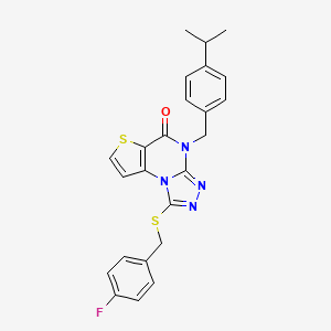 molecular formula C24H21FN4OS2 B2811422 1-((4-fluorobenzyl)thio)-4-(4-isopropylbenzyl)thieno[2,3-e][1,2,4]triazolo[4,3-a]pyrimidin-5(4H)-one CAS No. 1223918-56-6