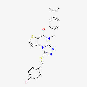 molecular formula C24H21FN4OS2 B2811422 1-((4-氟苄基)硫)-4-(4-异丙基苄基)噻吩并[2,3-e][1,2,4]噻唑并[4H]-5-酮 CAS No. 1223918-56-6