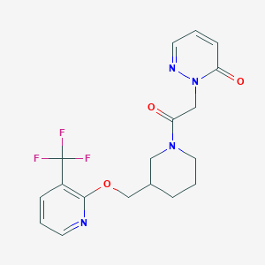 molecular formula C18H19F3N4O3 B2811462 2-[2-Oxo-2-[3-[[3-(trifluoromethyl)pyridin-2-yl]oxymethyl]piperidin-1-yl]ethyl]pyridazin-3-one CAS No. 2379993-89-0