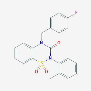 molecular formula C21H17FN2O3S B2811514 4-(4-fluorobenzyl)-2-(o-tolyl)-2H-benzo[e][1,2,4]thiadiazin-3(4H)-one 1,1-dioxide CAS No. 941912-97-6