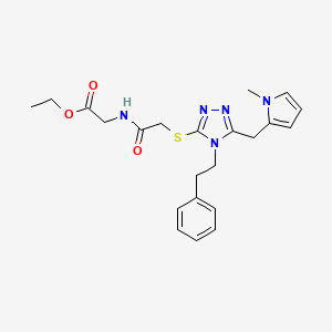 molecular formula C22H27N5O3S B2811517 ethyl 2-(2-((5-((1-methyl-1H-pyrrol-2-yl)methyl)-4-phenethyl-4H-1,2,4-triazol-3-yl)thio)acetamido)acetate CAS No. 847390-82-3