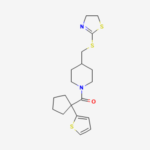 molecular formula C19H26N2OS3 B2811596 (4-(((4,5-Dihydrothiazol-2-yl)thio)methyl)piperidin-1-yl)(1-(thiophen-2-yl)cyclopentyl)methanone CAS No. 1396859-66-7