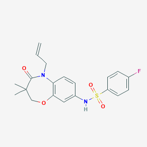 molecular formula C20H21FN2O4S B2811603 N-(5-烯丙基-3,3-二甲基-4-氧代-2,3,4,5-四氢苯并[b][1,4]噁唑-8-基)-4-氟苯基磺酰胺 CAS No. 922048-90-6