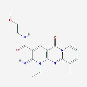 molecular formula C18H21N5O3 B2811652 1-乙基-2-亚甲基-N-(2-甲氧基乙基)-10-甲基-5-氧代-2,5-二氢-1H-二嘧啶并[1,2-a:2',3'-d]嘧啶-3-甲酰胺 CAS No. 371237-32-0