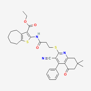 molecular formula C33H35N3O4S2 B2811654 ethyl 2-[3-[(3-cyano-7,7-dimethyl-5-oxo-4-phenyl-6,8-dihydroquinolin-2-yl)sulfanyl]propanoylamino]-5,6,7,8-tetrahydro-4H-cyclohepta[b]thiophene-3-carboxylate CAS No. 670272-86-3