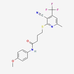 molecular formula C19H18F3N3O2S B2811675 4-((3-cyano-6-methyl-4-(trifluoromethyl)pyridin-2-yl)thio)-N-(4-methoxyphenyl)butanamide CAS No. 905784-82-9