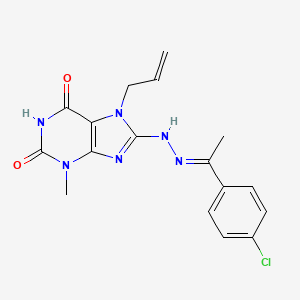 molecular formula C17H17ClN6O2 B2811690 8-{(2E)-2-[1-(4-chlorophenyl)ethylidene]hydrazinyl}-3-methyl-7-(prop-2-en-1-yl)-3,7-dihydro-1H-purine-2,6-dione CAS No. 332400-62-1