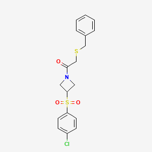 molecular formula C18H18ClNO3S2 B2811726 2-(Benzylthio)-1-(3-((4-chlorophenyl)sulfonyl)azetidin-1-yl)ethanone CAS No. 1448131-06-3