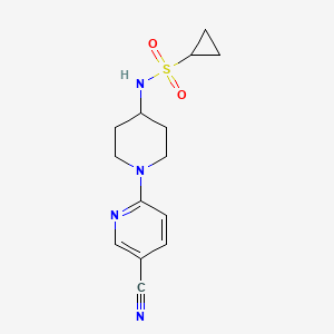 molecular formula C14H18N4O2S B2811761 N-[1-(5-Cyanopyridin-2-yl)piperidin-4-yl]cyclopropanesulfonamide CAS No. 2415470-43-6