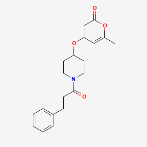 molecular formula C20H23NO4 B2811852 6-methyl-4-((1-(3-phenylpropanoyl)piperidin-4-yl)oxy)-2H-pyran-2-one CAS No. 1798542-15-0