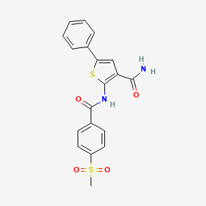 molecular formula C19H16N2O4S2 B2811902 2-(4-(甲磺酰基)苯甲酰基氨基)-5-苯基噻吩-3-甲酰胺 CAS No. 941889-55-0