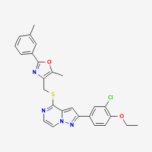 molecular formula C26H23ClN4O2S B2811963 4-({[2-(3-CHLORO-4-ETHOXYPHENYL)PYRAZOLO[1,5-A]PYRAZIN-4-YL]SULFANYL}METHYL)-5-METHYL-2-(3-METHYLPHENYL)-1,3-OXAZOLE CAS No. 1223838-29-6