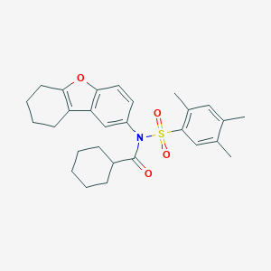 molecular formula C28H33NO4S B281197 N-(cyclohexylcarbonyl)-2,4,5-trimethyl-N-(6,7,8,9-tetrahydrodibenzo[b,d]furan-2-yl)benzenesulfonamide 